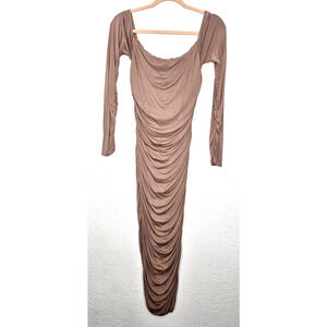 Endless Rose Womens Midi Bodycon‎ Dress Large Taupe Tan Ruched Off Shoulder Sexy